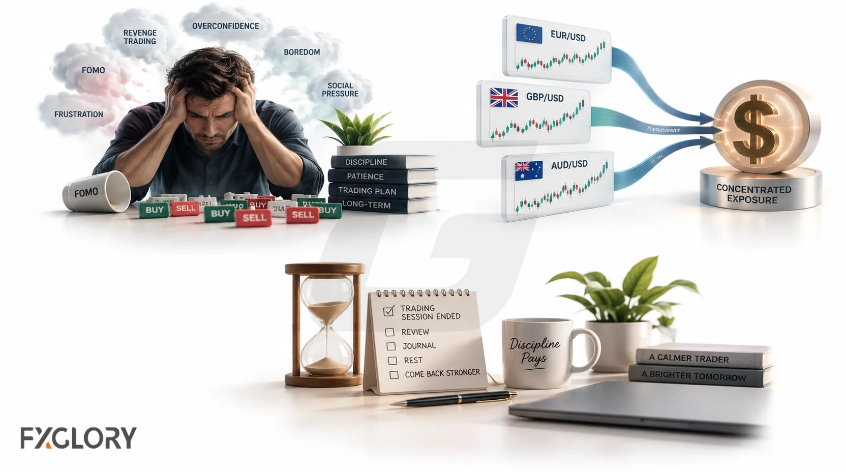 Calm trading desk with a closed laptop, hourglass, session-ended checklist, notebook, and coffee mug after trading has stopped.