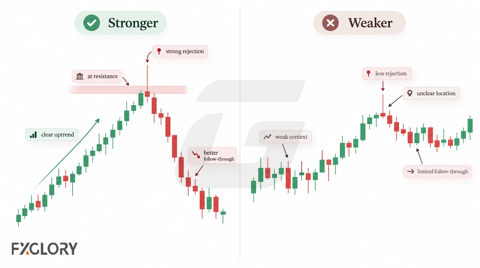 Side-by-side candlestick charts compare a stronger shooting star setup at resistance with a weaker setup lacking clear context and follow-through.