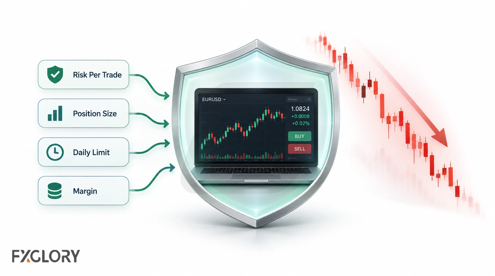 Trading account protected by risk-per-trade, position-size, daily-limit, and margin controls while a sharp market decline develops outside the shield.