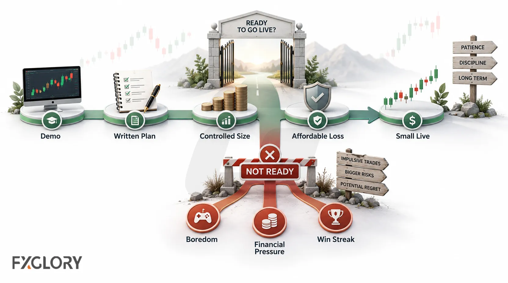 Readiness path from demo trading and a written plan to controlled size, affordable loss, and a small live account, with boredom, financial pressure, and a win streak blocked as poor reasons to go live.