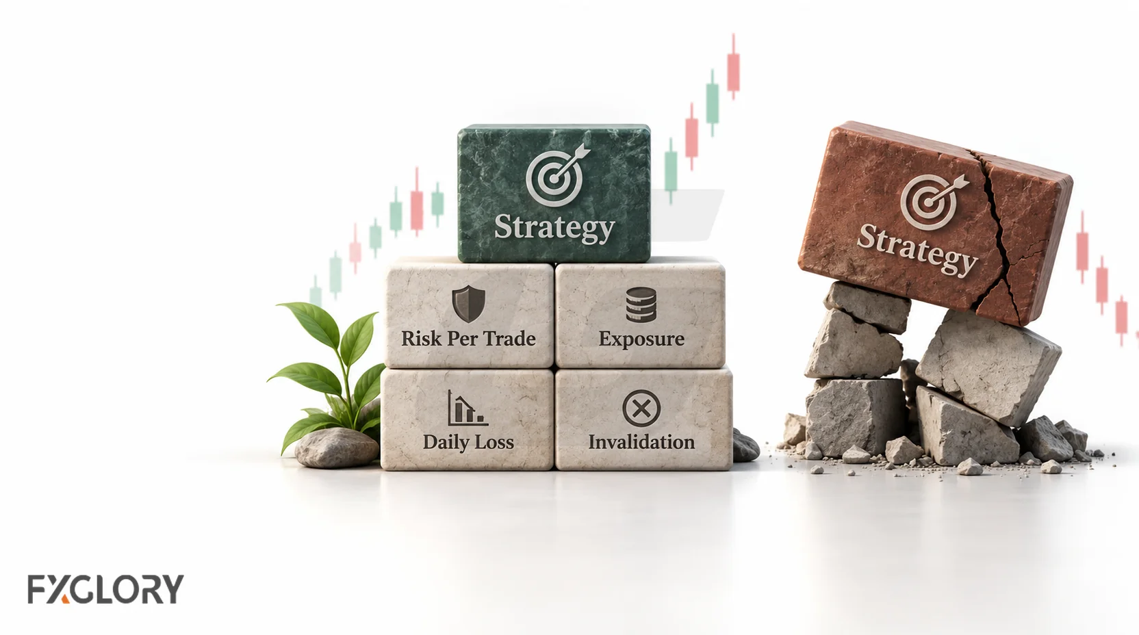 Stable risk-management foundation supporting strategy, with risk per trade, exposure, daily loss, and invalidation holding the structure together.
