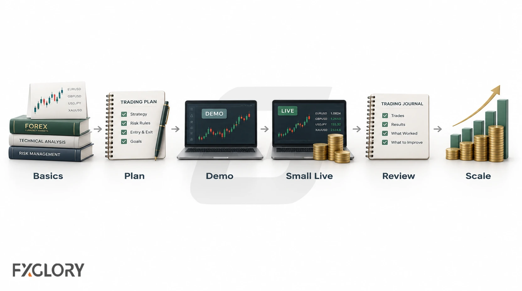 Progression from forex basics and a written plan through demo practice, small live trading, review, and gradual scaling.