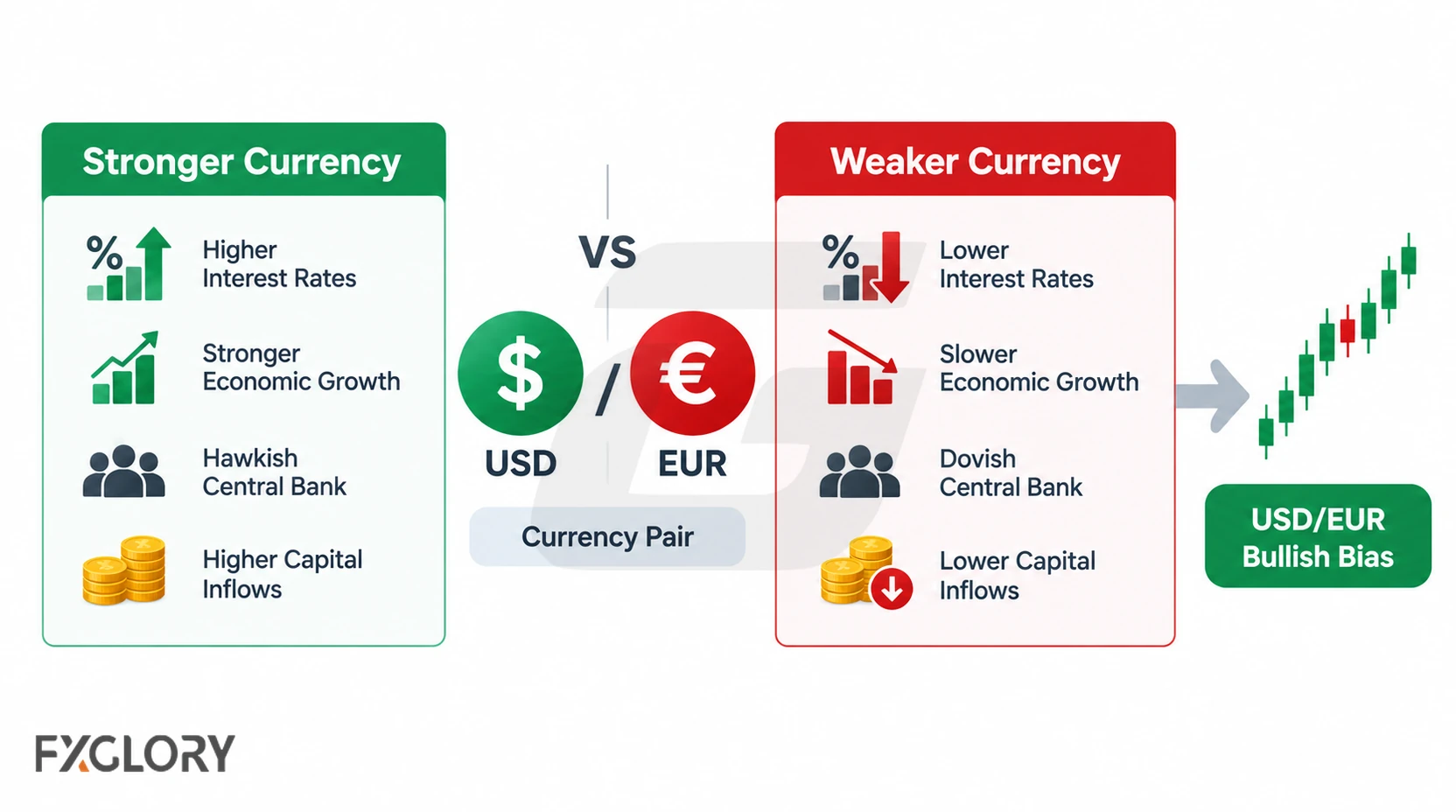 Stronger and weaker currency conditions are compared through interest rates, growth, central-bank stance, and capital flows before forming a directional pair bias.