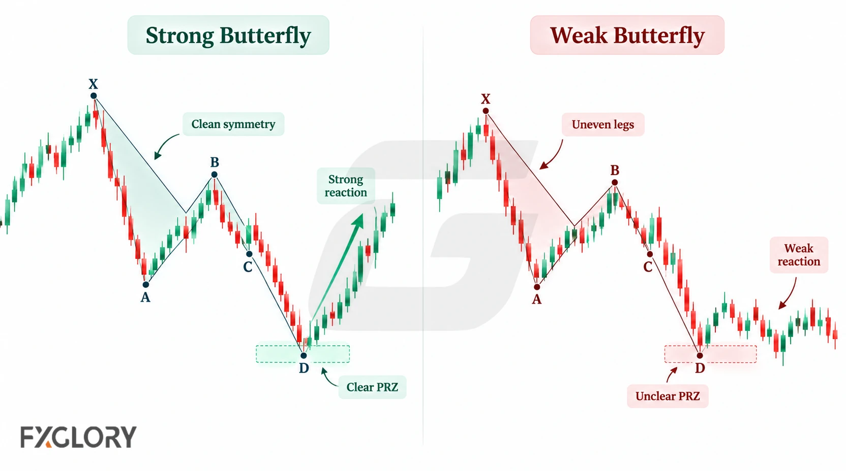 Side-by-side Butterfly charts compare a clear symmetrical setup with a defined PRZ against an uneven structure with a weak reaction.
