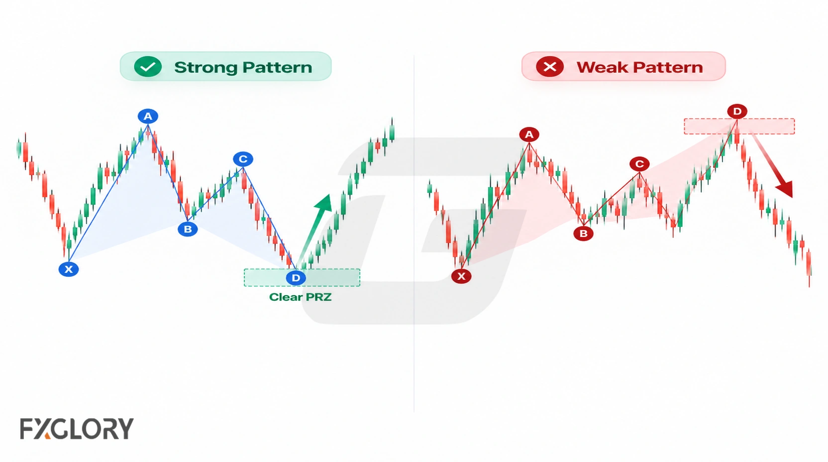 Side-by-side XABCD charts compare a clear harmonic structure with a defined PRZ against a weaker setup with less reliable structure and follow-through.