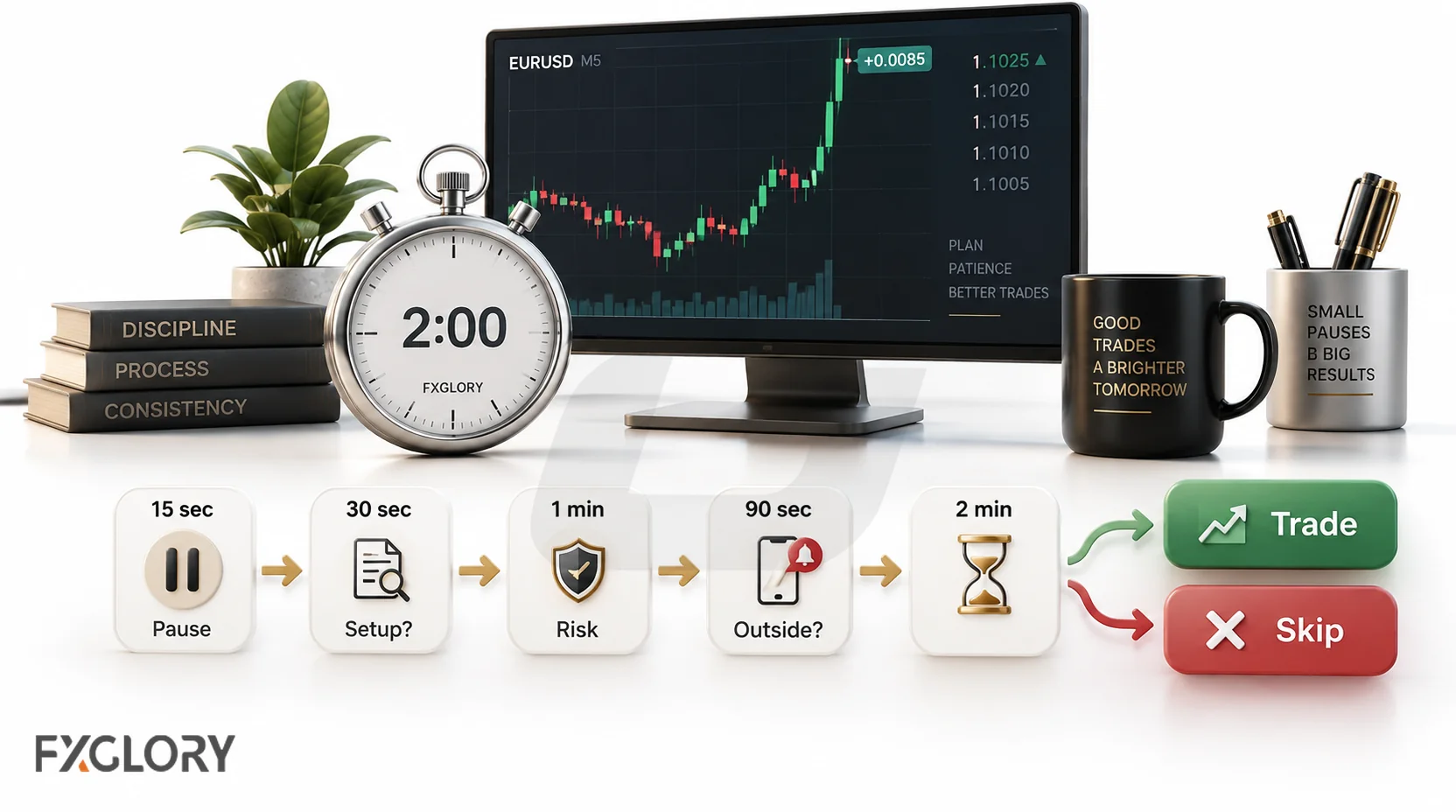 Two-minute trading delay process with pause, setup check, risk check, outside-influence check, and a final trade-or-skip decision.