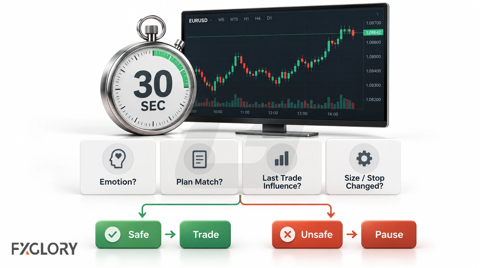 Thirty-second pre-trade check beside a trading screen, reviewing emotion, plan fit, last-trade influence, and changes to size or stop.