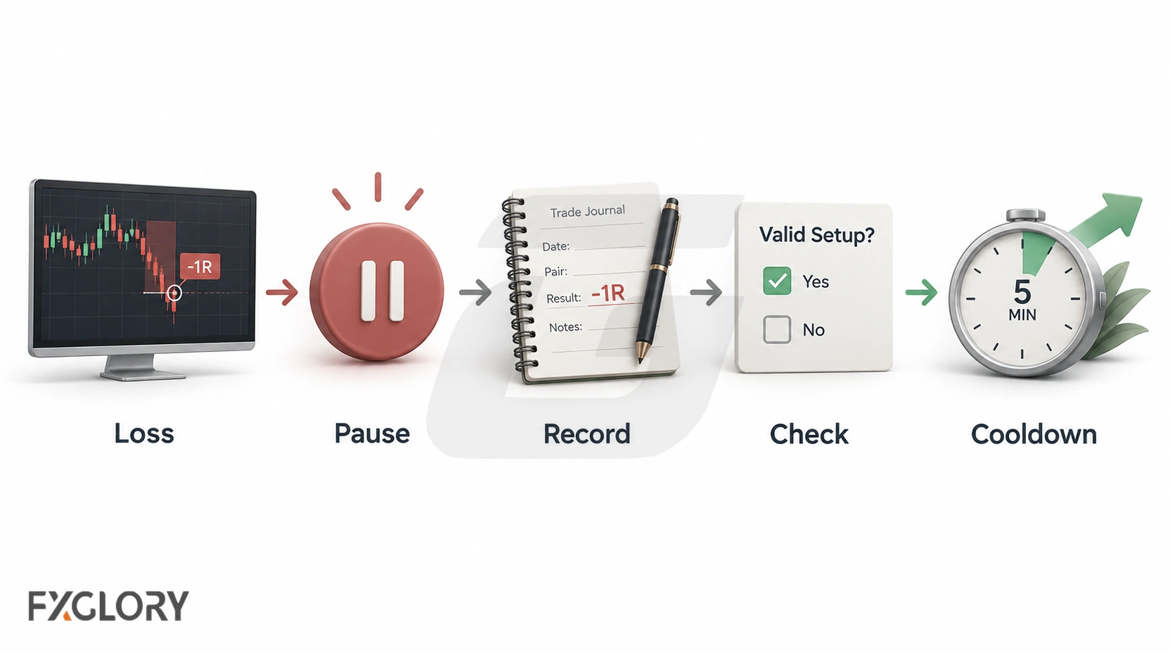 Five-step reset after a losing trade showing loss, pause, journal entry, setup check, and a five-minute cooldown.