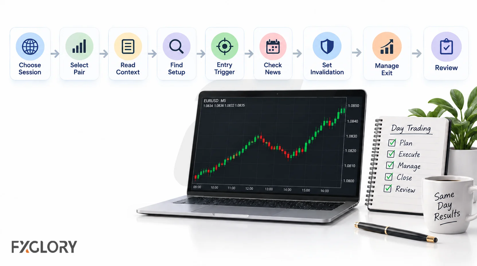 Workflow illustration showing the main steps of a day trade from session choice and market scan to execution, management, and review.