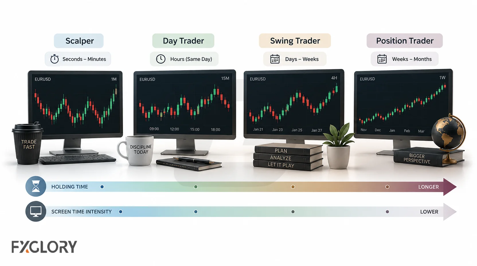 Four forex trading styles compared by holding time, from scalping and day trading to swing and position trading, with charts shown at progressively longer timeframes.