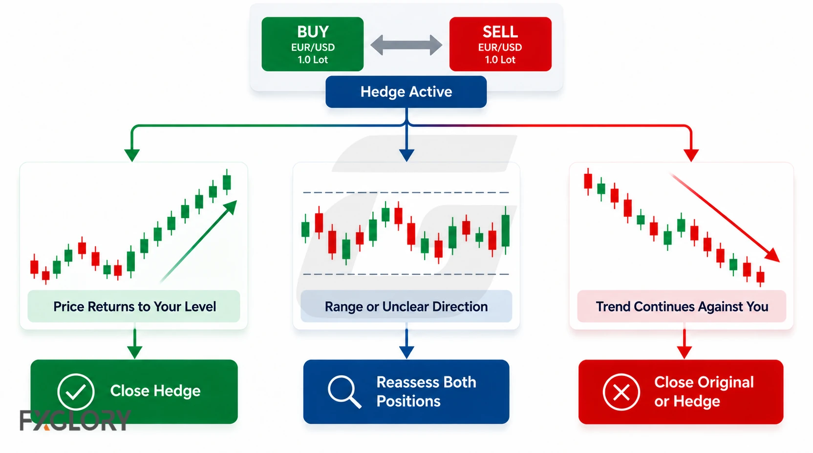 A hedge exit decision flow showing possible market conditions and actions for closing or reassessing hedge positions.