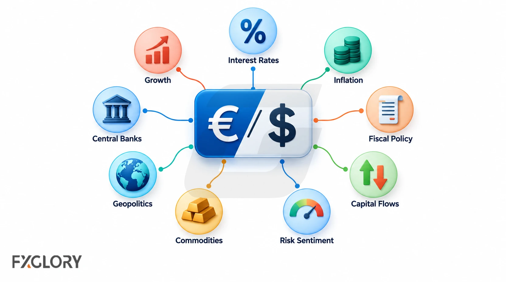 Currency pair diagram linking exchange-rate movement to rates, inflation, growth, central banks, capital flows, commodities, and risk sentiment.