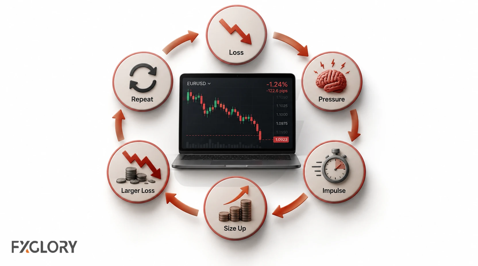Trading loss cycle showing loss, pressure, impulsive decisions, larger position size, a bigger loss, and repeated behavior around a declining EUR/USD chart.
