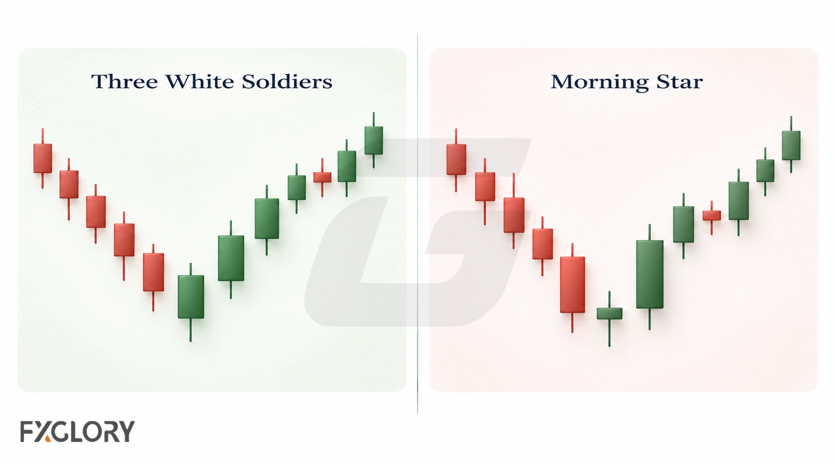 Three White Soldiers and Morning Star bullish reversal patterns compared in side-by-side candlestick charts.