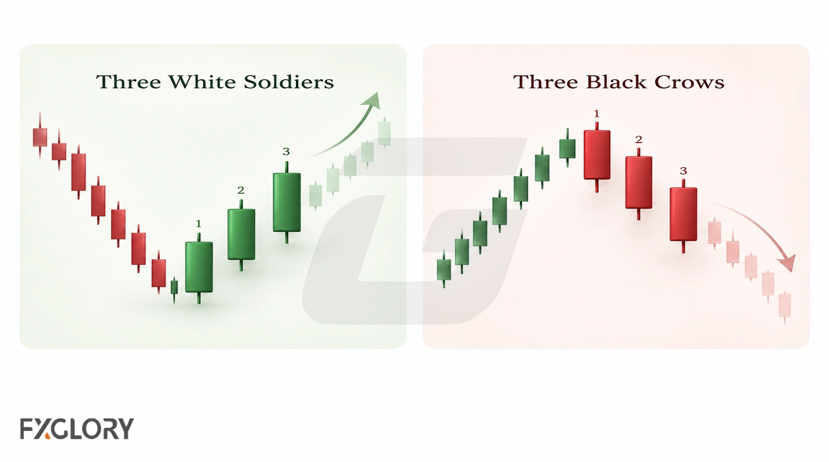 Three White Soldiers bullish reversal compared with Three Black Crows bearish reversal using opposing three-candle sequences.