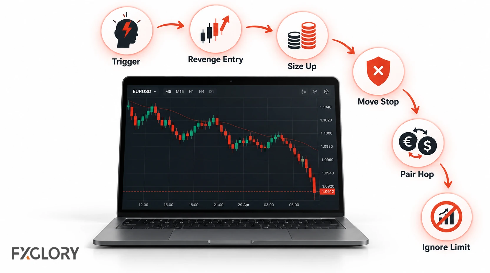 Chain of tilt-driven trading decisions showing a trigger followed by revenge entry, larger size, stop movement, pair switching, and ignoring limits.