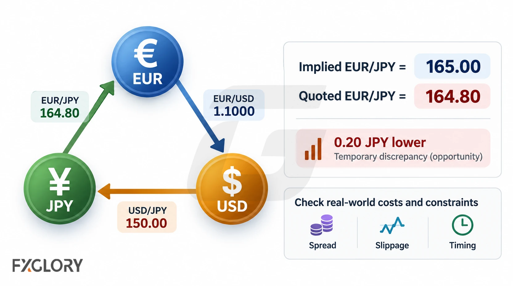 A triangular forex arbitrage diagram linking EUR, USD, and JPY and comparing the implied EUR/JPY rate with the quoted market rate.