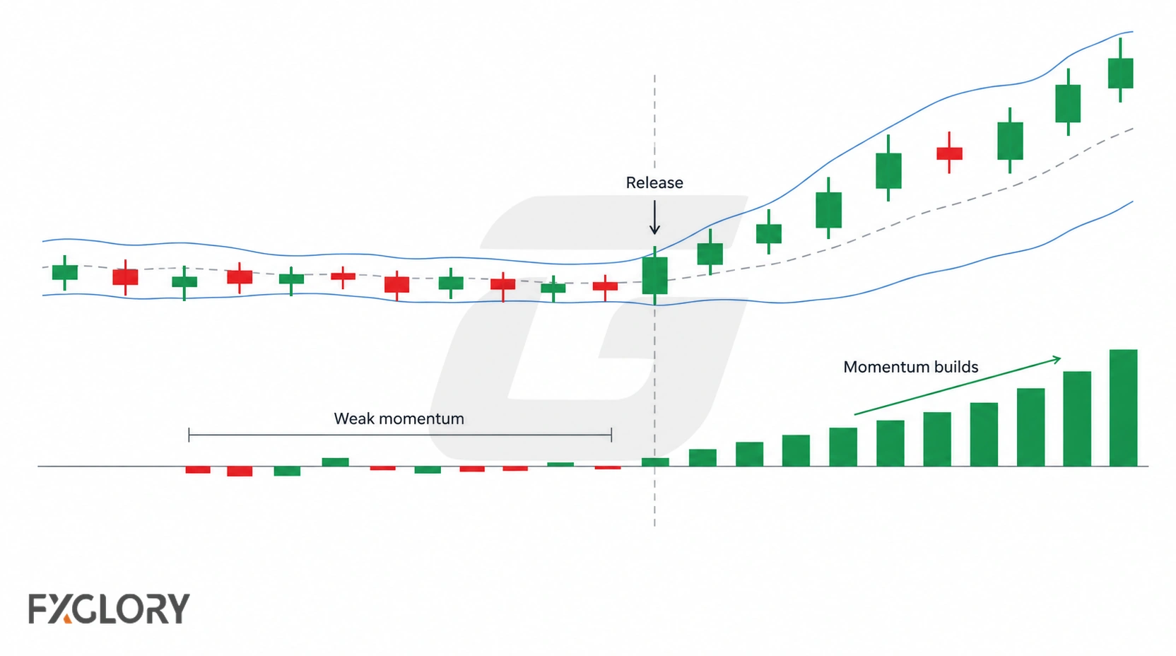 TTM Squeeze momentum histogram showing weak momentum during compression and strengthening after release.