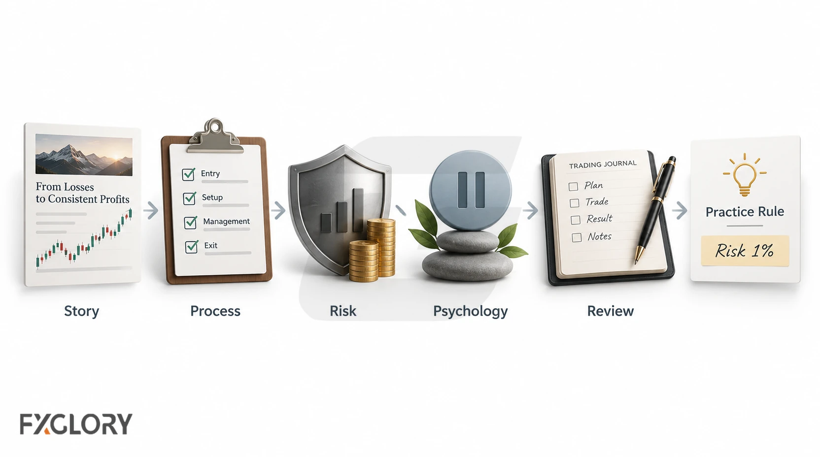 Learning sequence that turns a trading story into process, risk, psychology, review, and a practical rule such as risking 1% per trade.