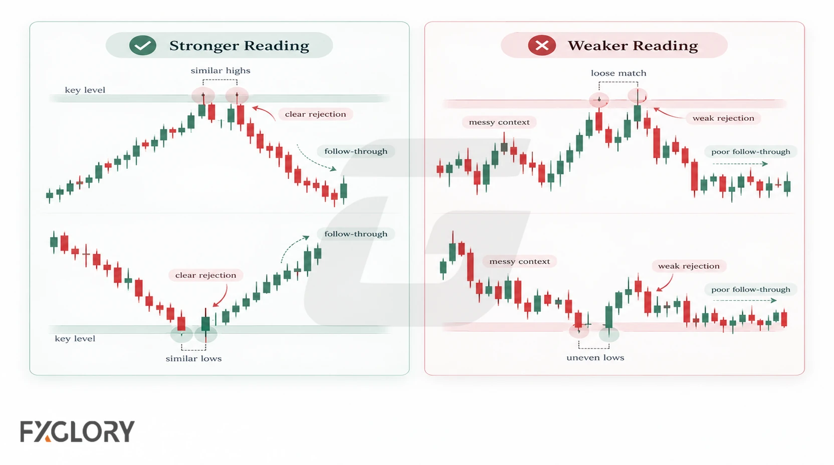Comparison of stronger and weaker tweezer readings based on context, rejection, and follow-through.