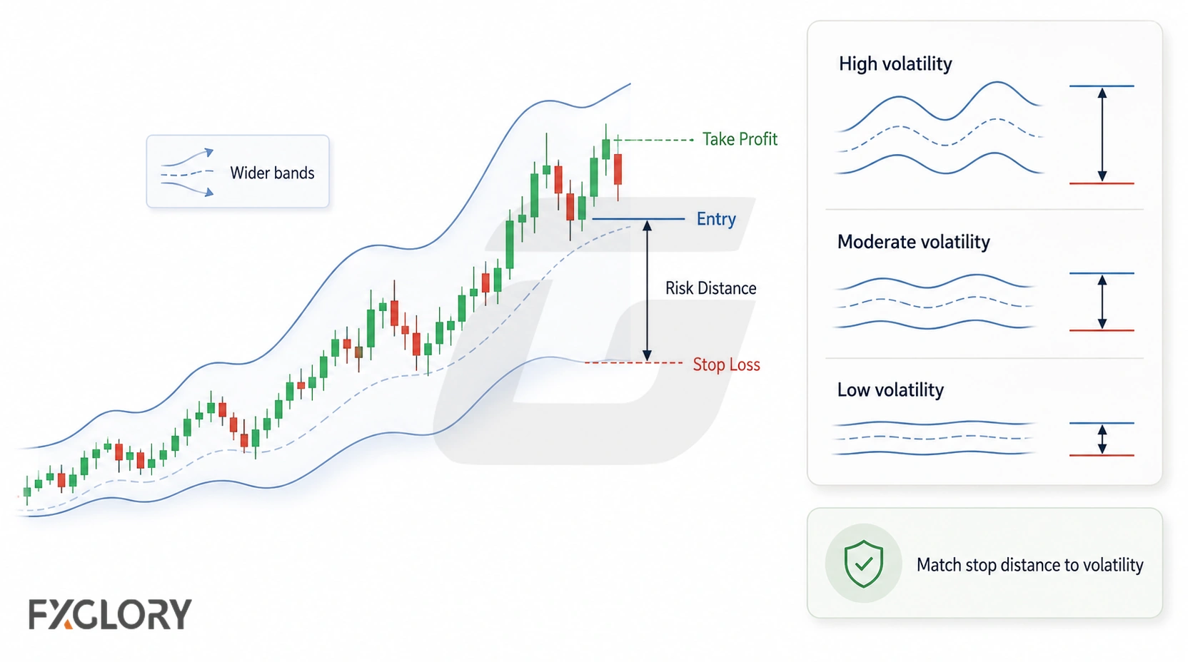 A candlestick chart shows entry, stop-loss, and risk distance beside examples of high, moderate, and low volatility with different spacing.