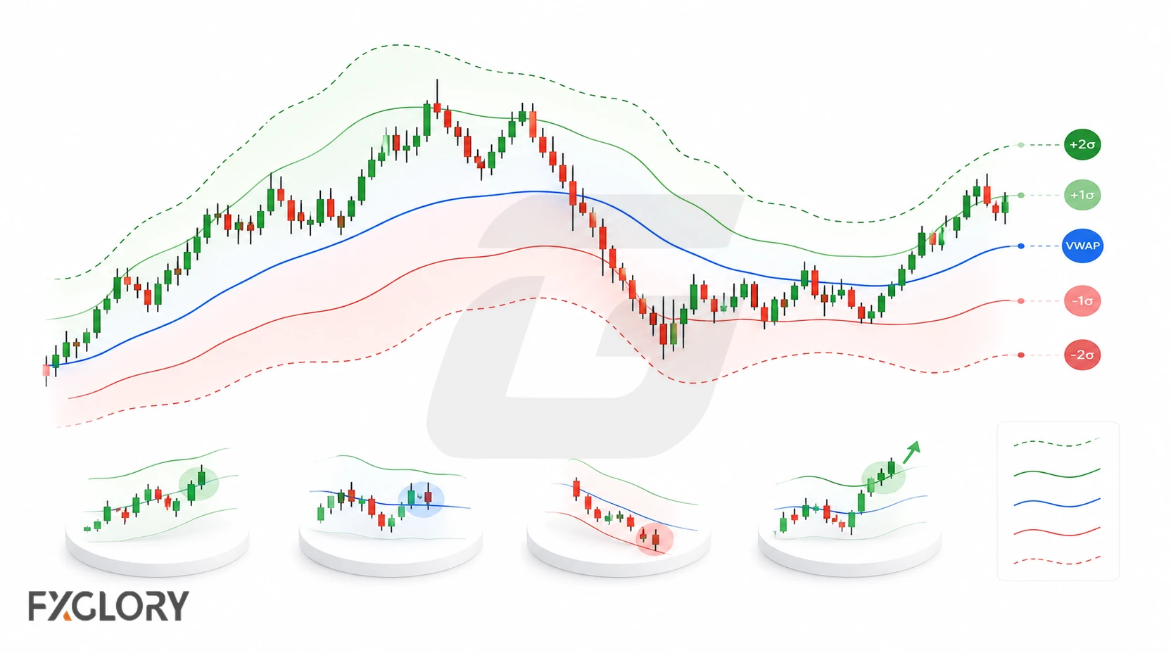 A candlestick chart is framed by VWAP and upper and lower deviation bands, showing how the distance around the central reference expands and contracts.