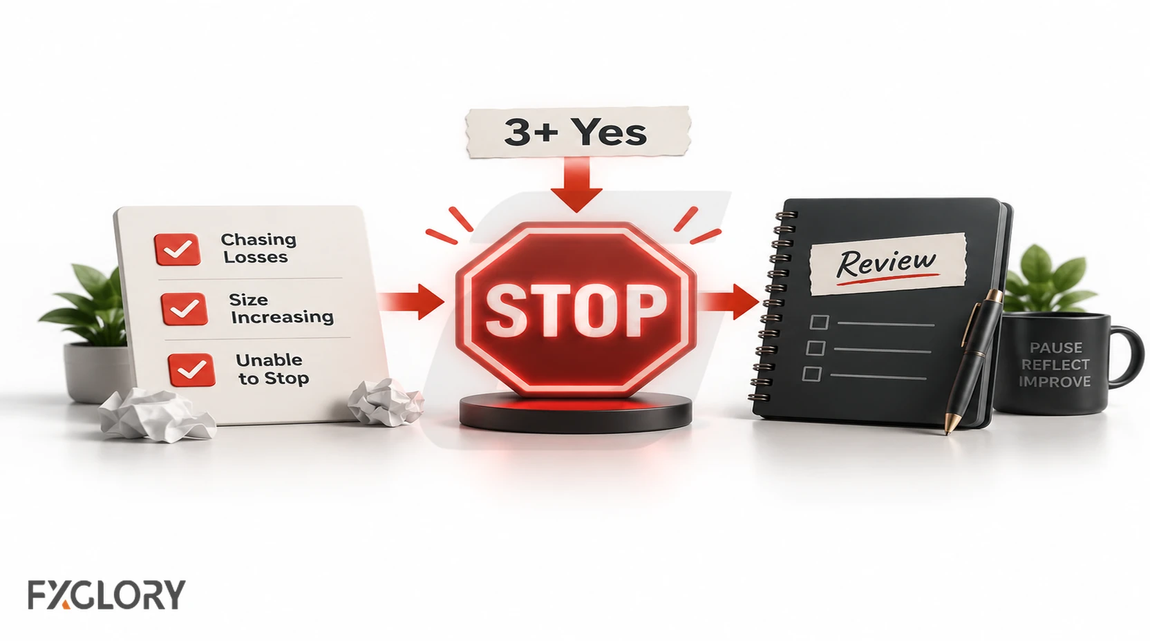 Stop-trading checkpoint showing warning signs leading to a clear stop signal and a review journal.