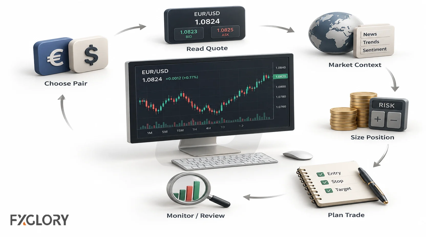 Forex trading workflow with a currency pair, live quote, market context, position sizing, trade planning, and review arranged around a price chart.