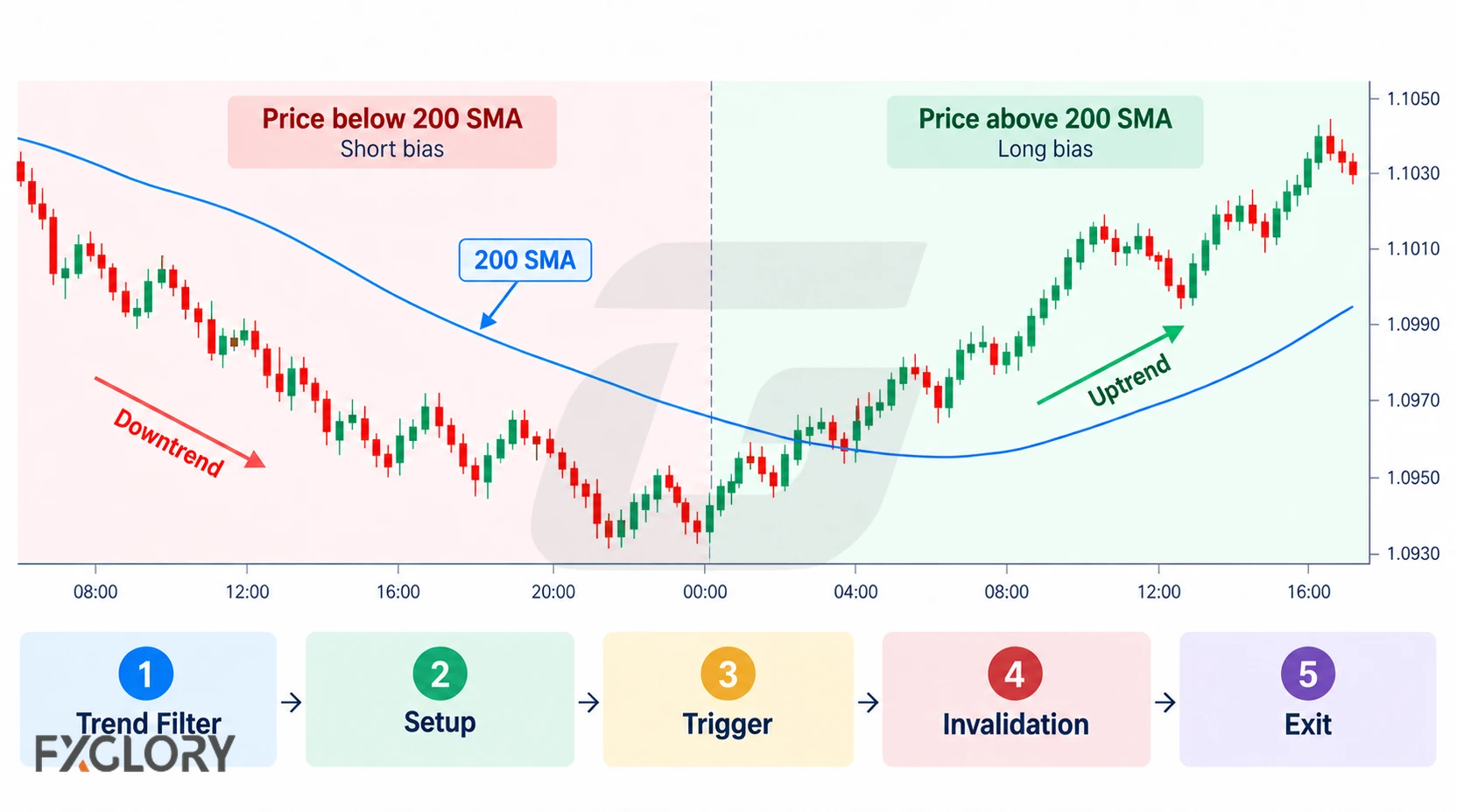A forex chart showing price trading below and above the 200 SMA, with the moving average used as a directional bias filter.