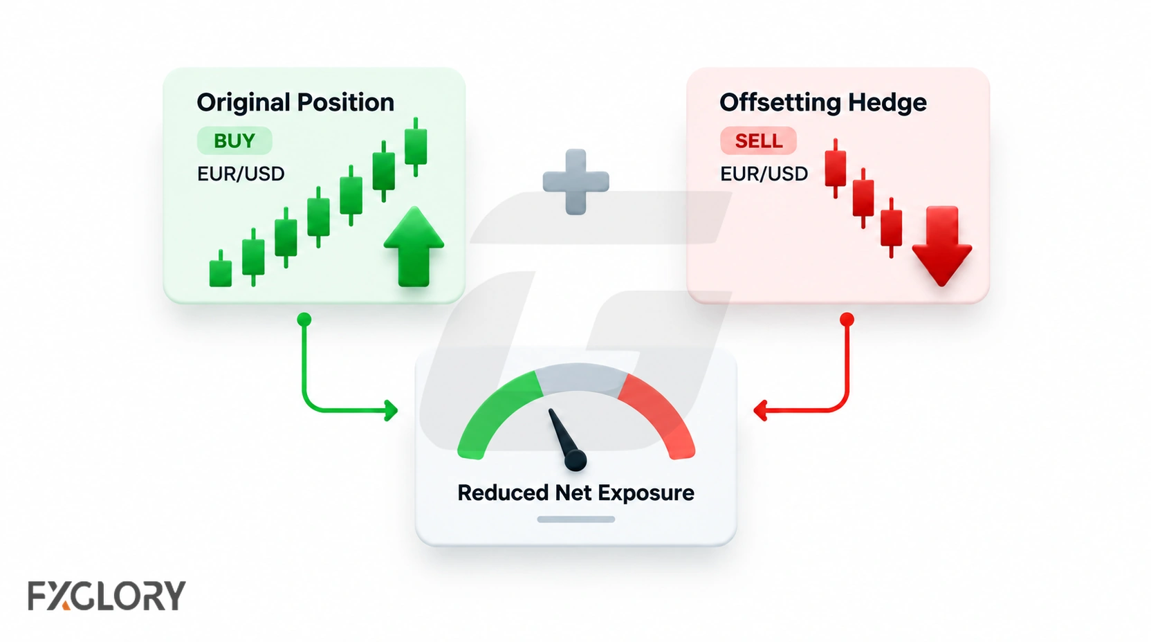A forex hedge showing an original EUR/USD position combined with an opposite position to reduce net market exposure.