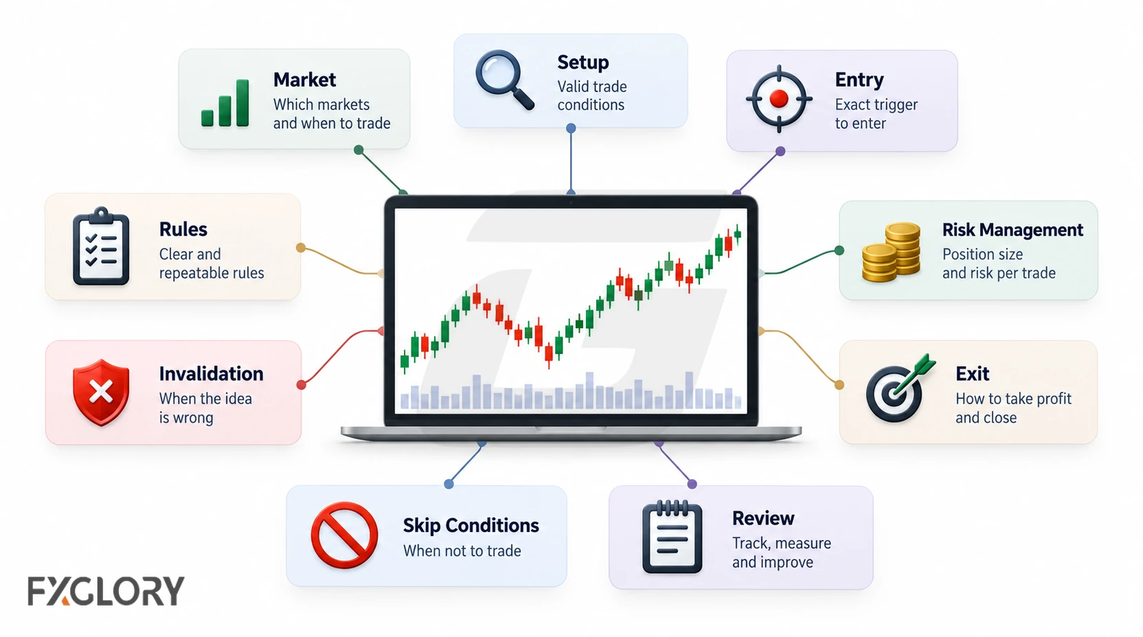 Trading system diagram linking market selection, setup, entry, rules, invalidation, risk management, exit, skip conditions, and review around a forex chart.