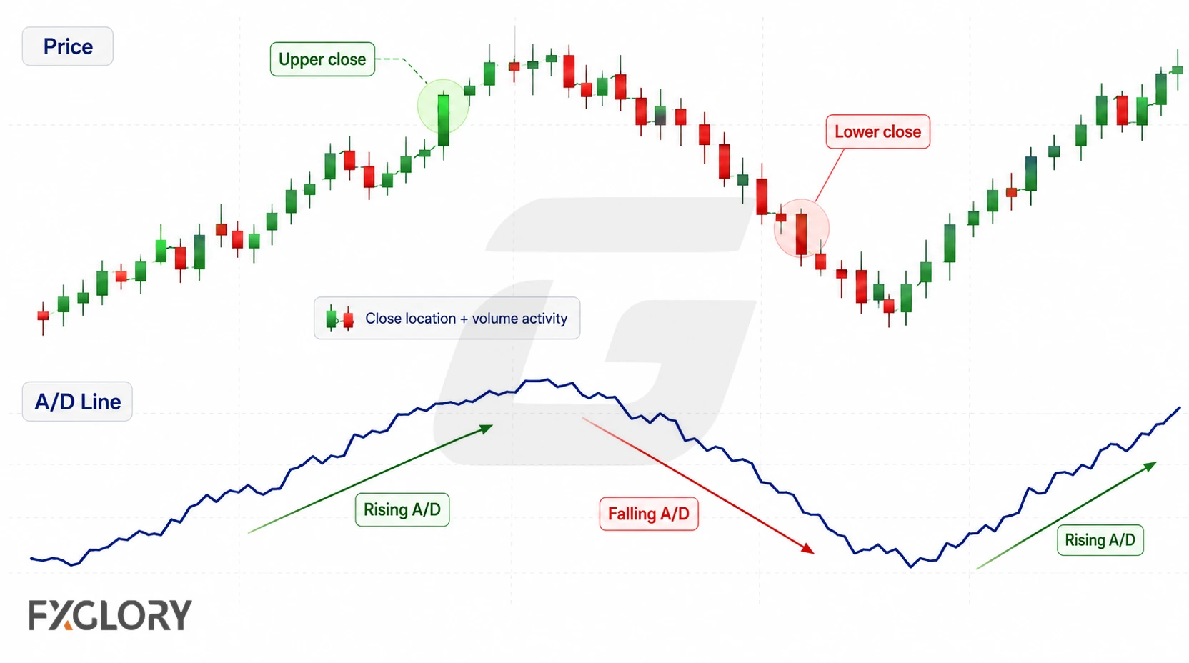 A forex price chart is paired with a cumulative A/D line that rises with stronger upper closes and falls with weaker lower closes.
