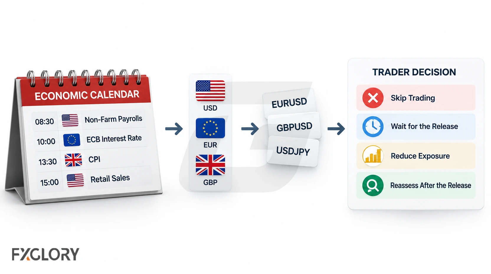 An economic calendar links scheduled releases to affected currencies and forex pairs, then shows choices to skip, wait, reduce exposure, or reassess after the event.