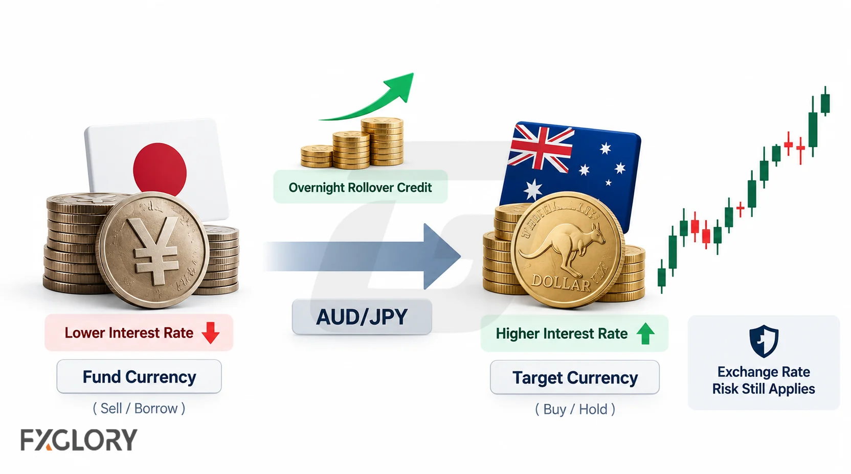 A carry trade diagram shows a lower-yield funding currency exchanged for a higher-yield target currency, with overnight rollover credit and exchange-rate risk shown alongside the position.