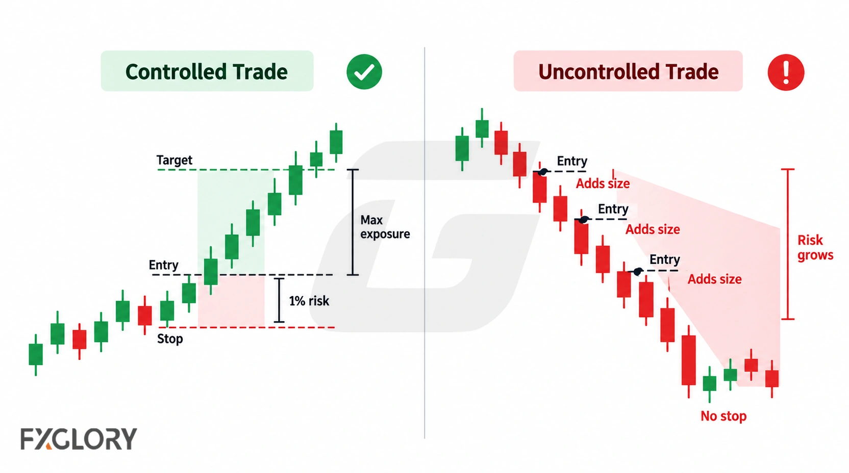 A controlled trade with a defined entry, stop, target, and limited risk is compared with repeated entries into a falling market with no stop and growing exposure.