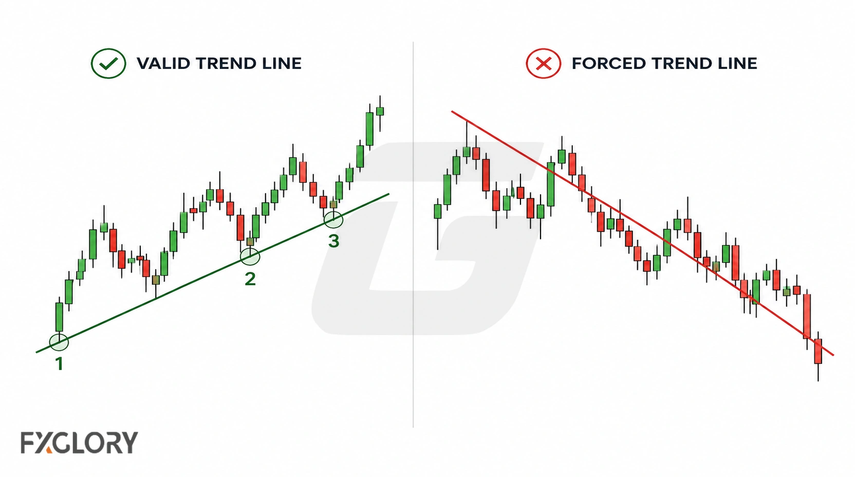 A side by side chart compares a valid trend line touching three meaningful swing lows with a forced line cutting through candles.