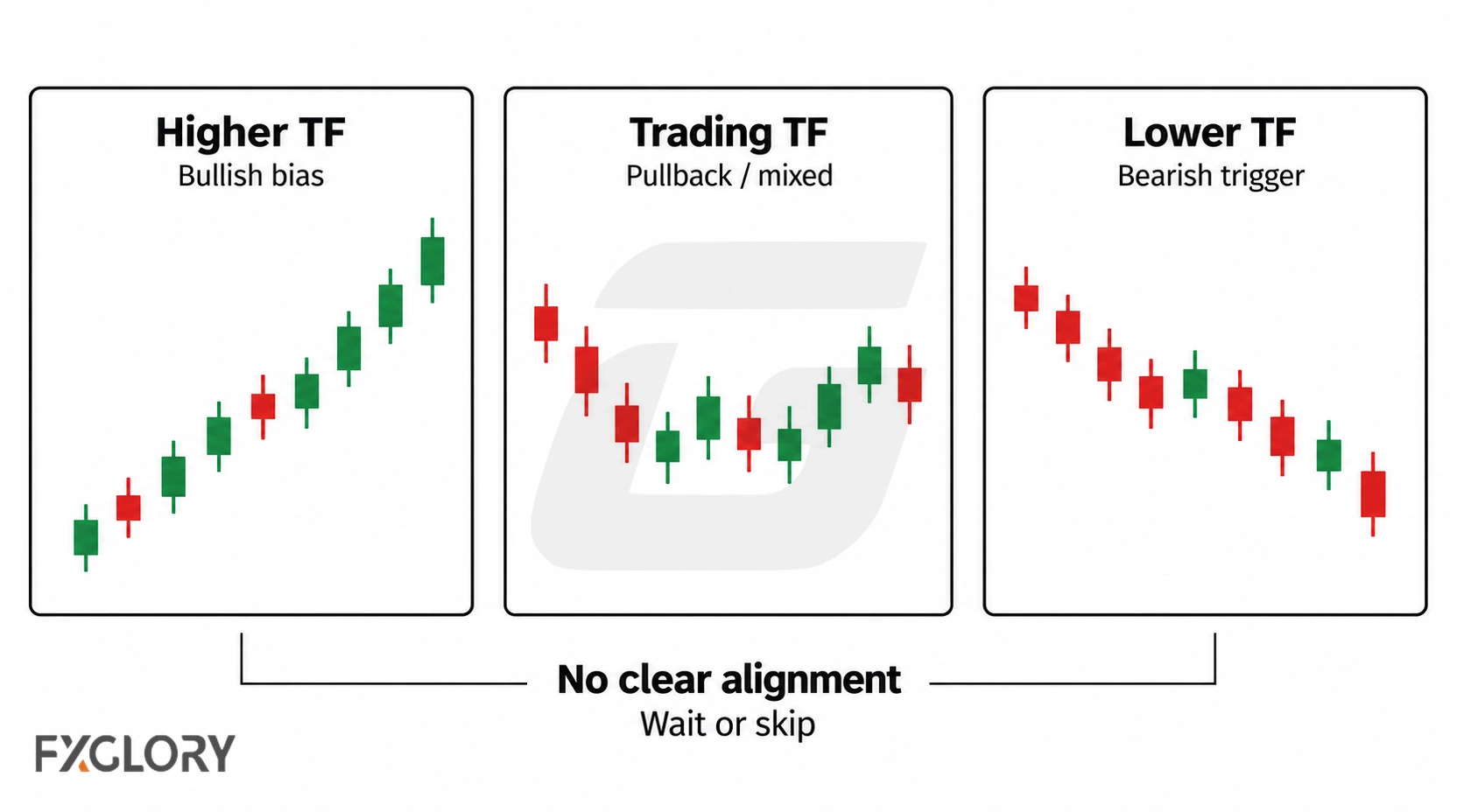 Comparison graphic showing conflicting time-frame signals and a more cautious trading response.