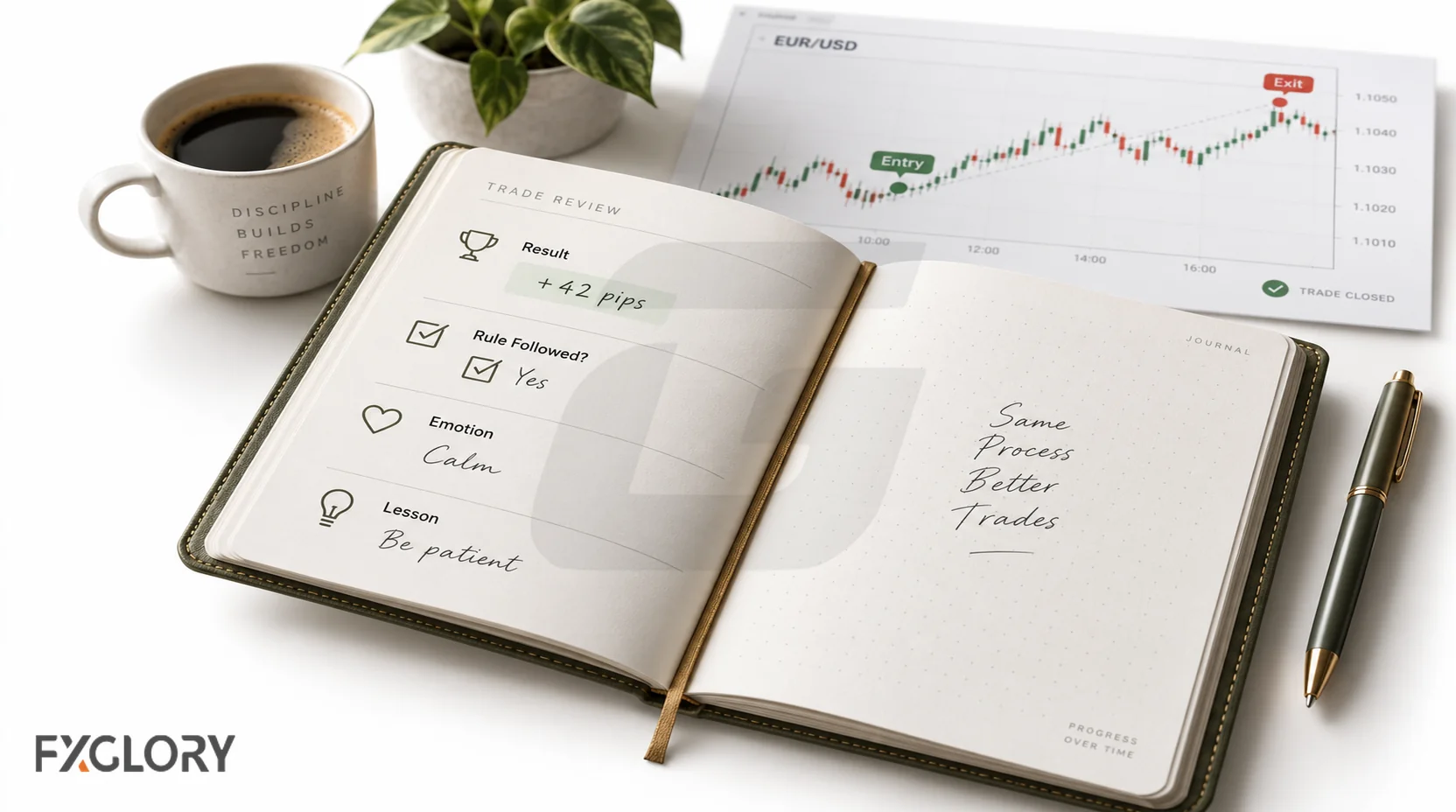 Open trade-review journal beside a completed EUR/USD chart showing entry and exit, with fields for result, rule-followed, emotion, and lesson.