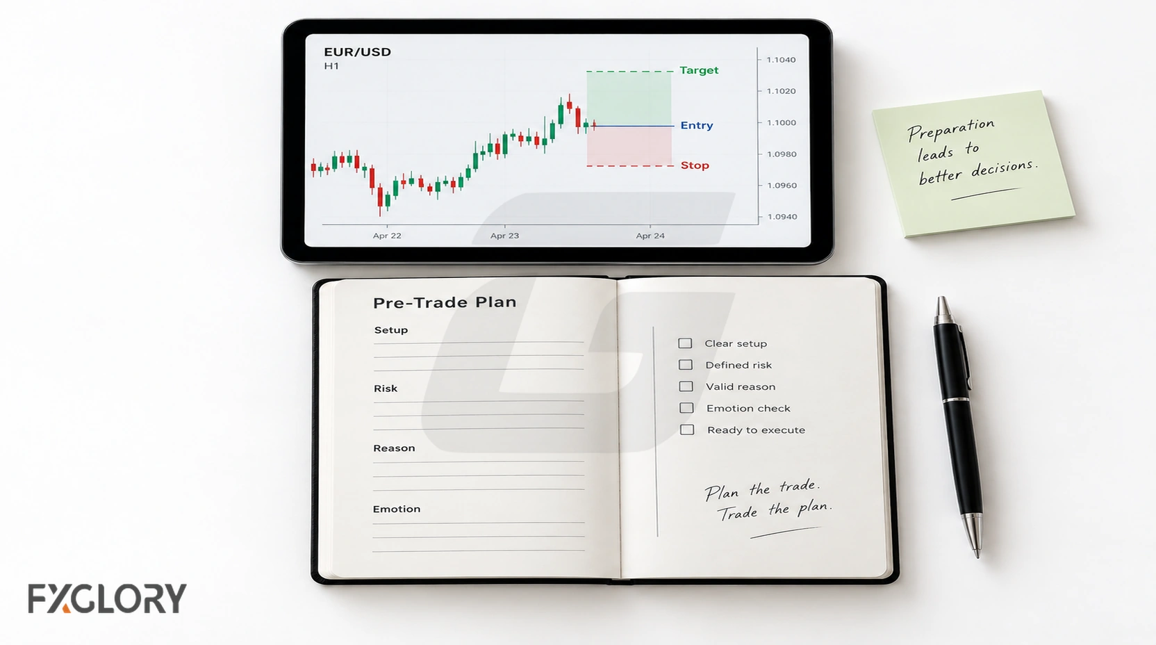 Top-down pre-trade journal layout with a EUR/USD chart, entry, stop, target, and a planning checklist for setup, risk, reason, and emotion.