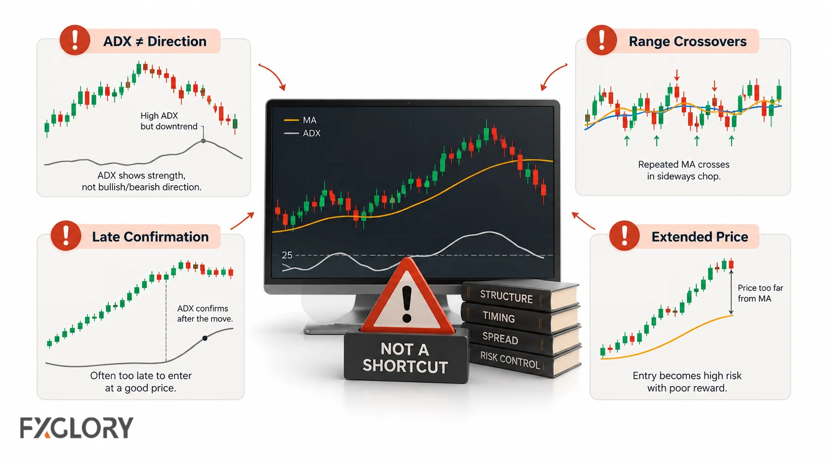 Failure examples showing ADX misread as direction, repeated moving-average crossovers in a range, late ADX confirmation, and price extended too far from the average.