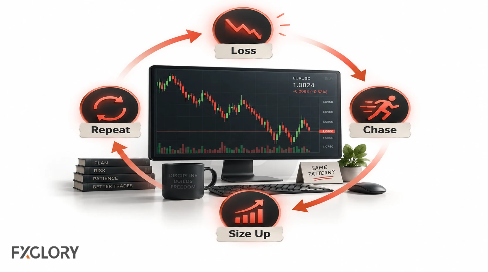 Trading screen surrounded by a repeating loop of loss, chasing, increasing size, and placing another trade.