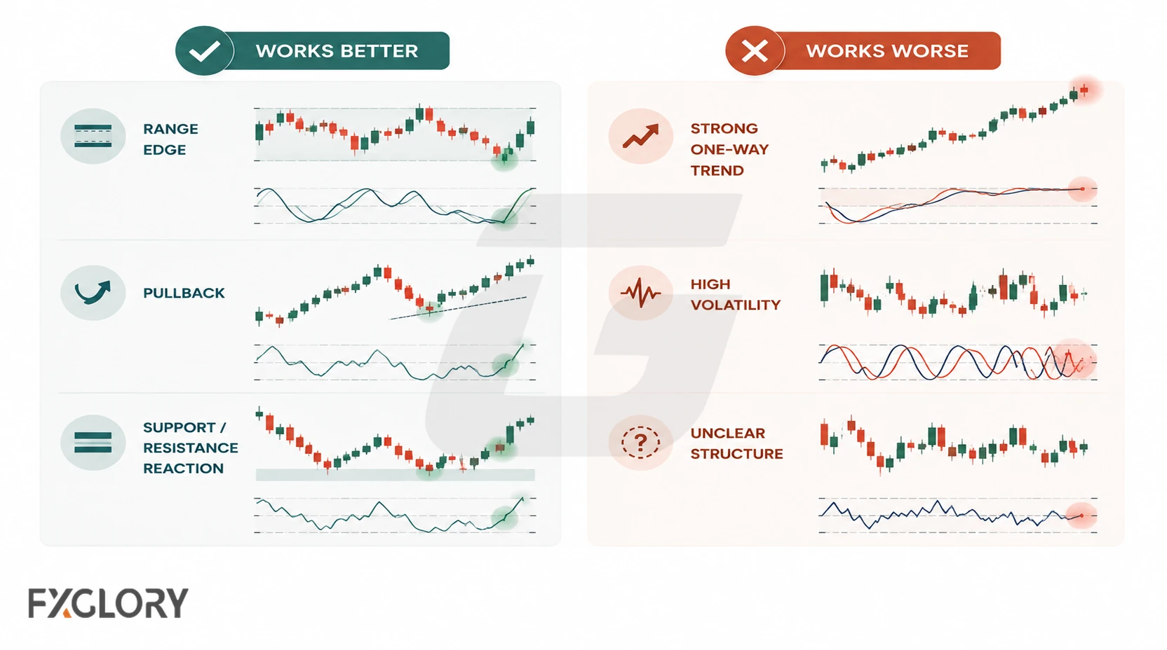 A forex comparison showing market conditions where leading indicators perform better and conditions where signals become less reliable.
