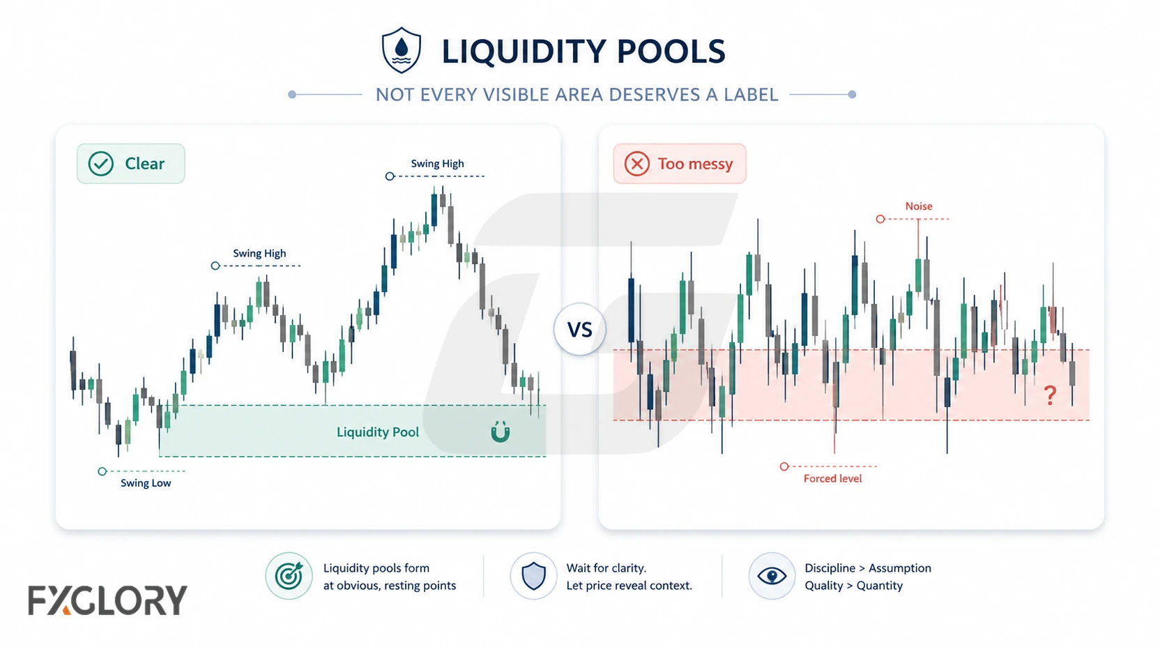 Side-by-side charts compare a clear swing structure with an obvious liquidity zone against a noisy overlapping range with a forced level.