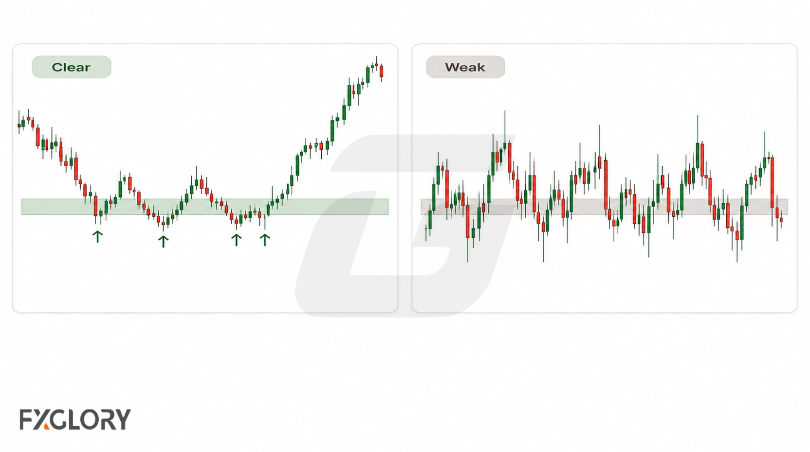 A two panel chart compares a clear support zone with repeated reactions against a weak level inside noisy overlapping price action.