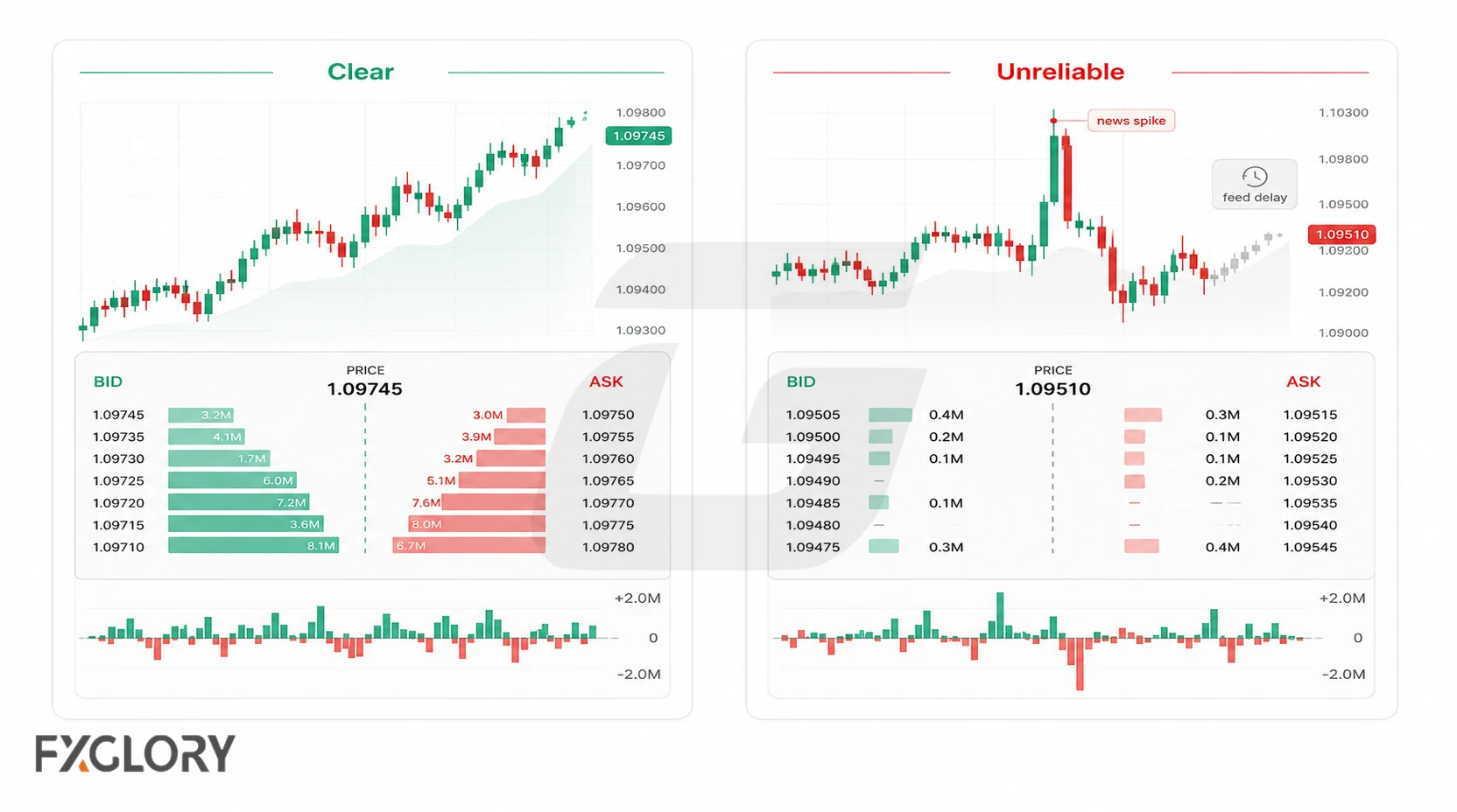 Side-by-side dashboards compare clear order-flow data with an unreliable view affected by thin depth, a news spike, and delayed feed information.