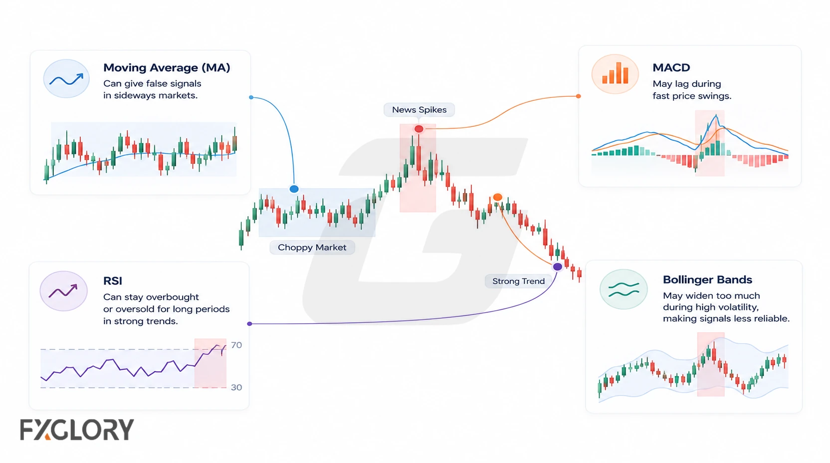 A central forex chart connects choppy markets, news spikes, and strong trends to examples where Moving Average, MACD, RSI, and Bollinger Bands become less reliable.