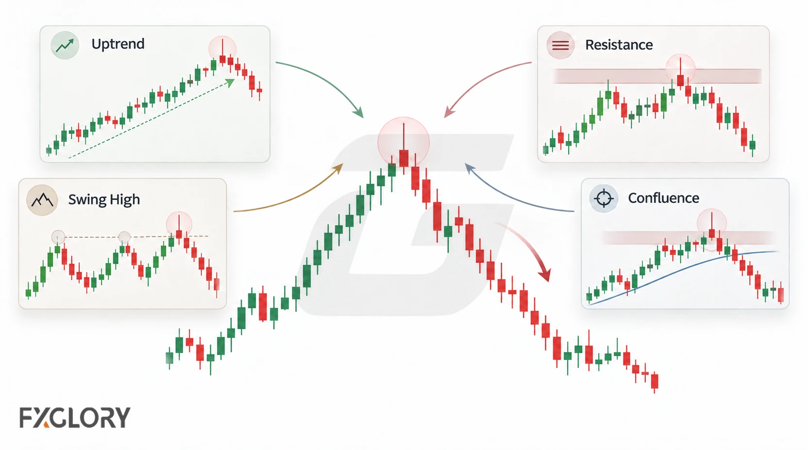 Candlestick examples show shooting star candles appearing after an uptrend, at resistance, near a swing high, and where several technical factors align.