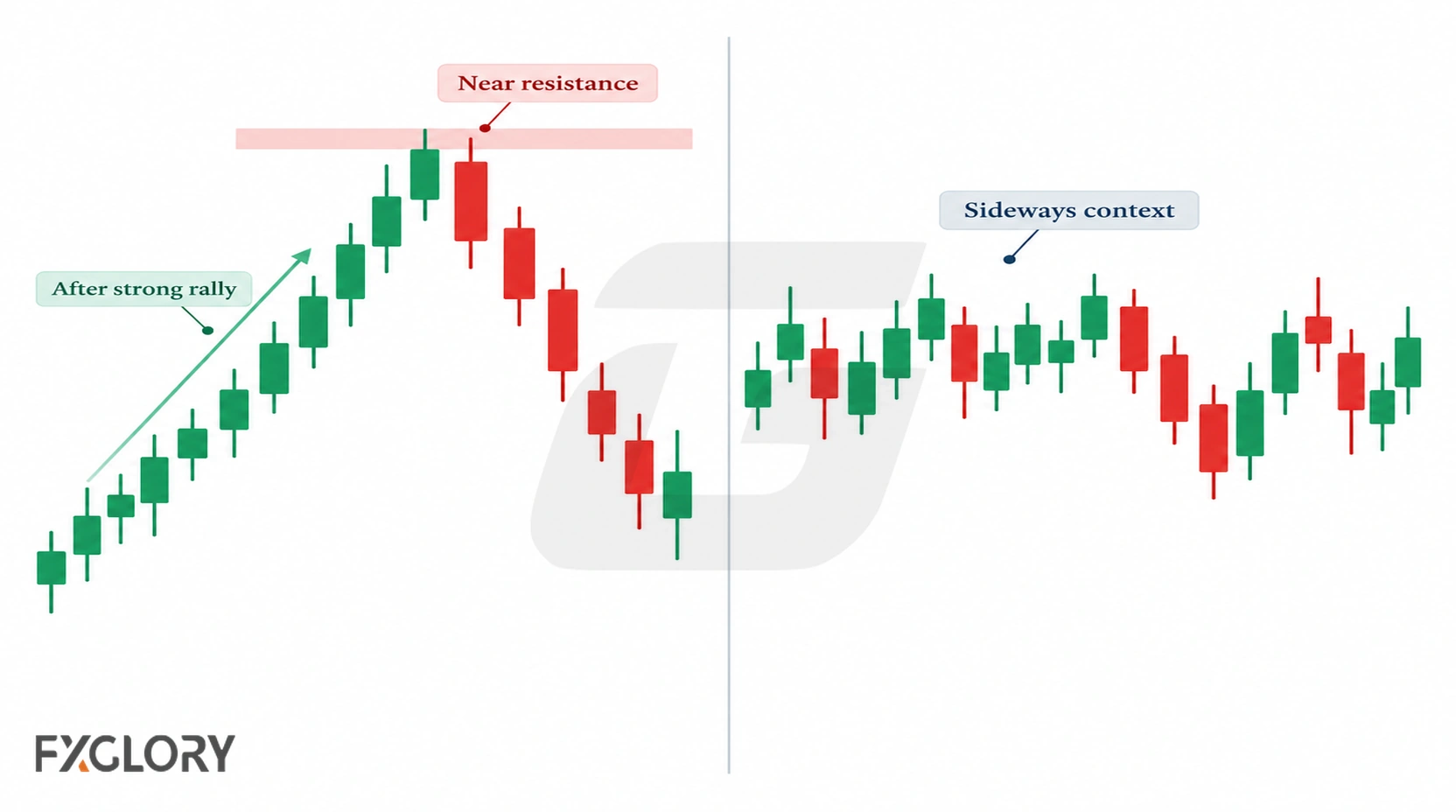 Three Black Crows near resistance after a strong rally compared with the same bearish sequence in sideways price action.
