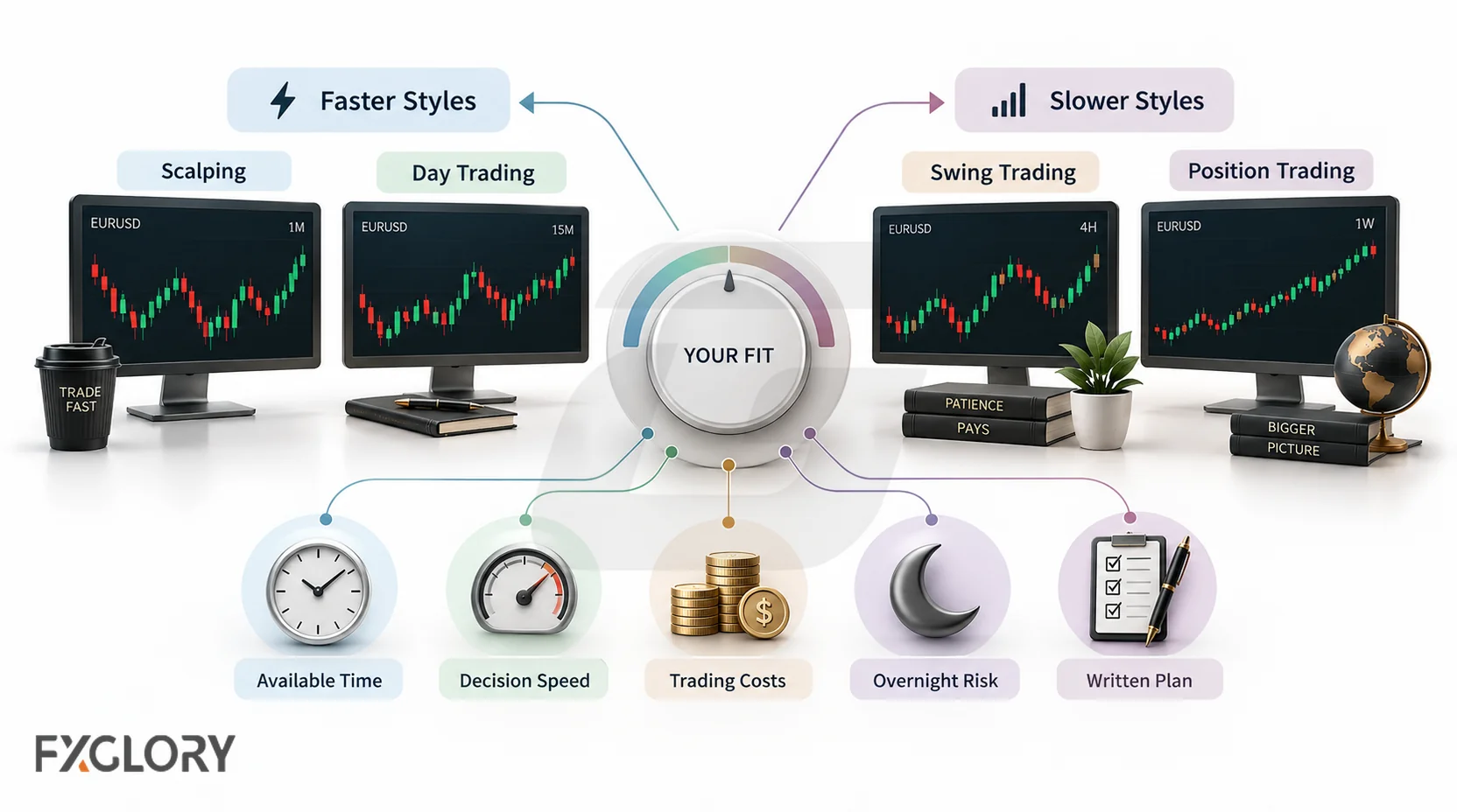 Trading-style selector comparing faster and slower forex approaches using available time, decision speed, trading costs, overnight risk, and a written plan.