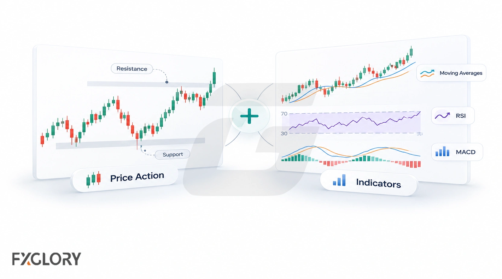 A price-action chart with support and resistance is paired with Moving Average, RSI, and MACD panels to show how indicators complement chart structure.